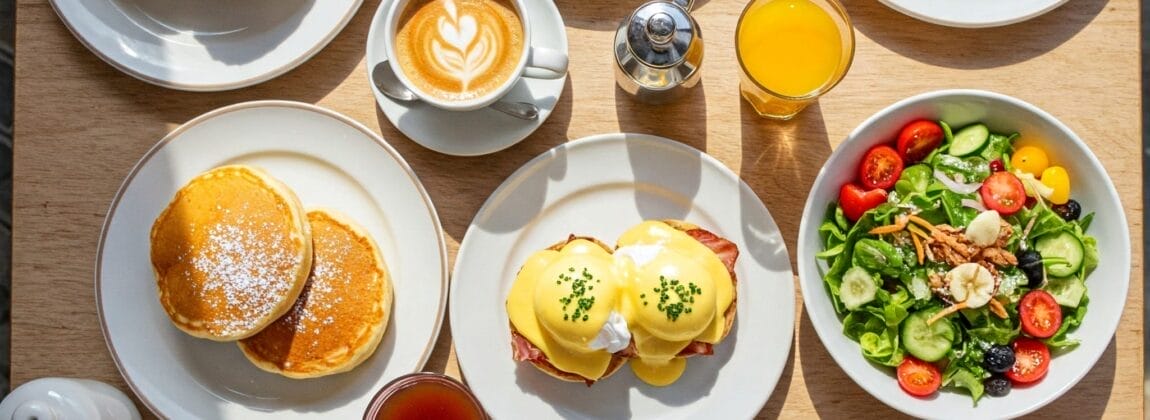 パンケーキ、エッグベネディクト、サラダ、フルーツ、トースト、コーヒー、オレンジジュース、食器がセットされたテーブルを上から見た図。.