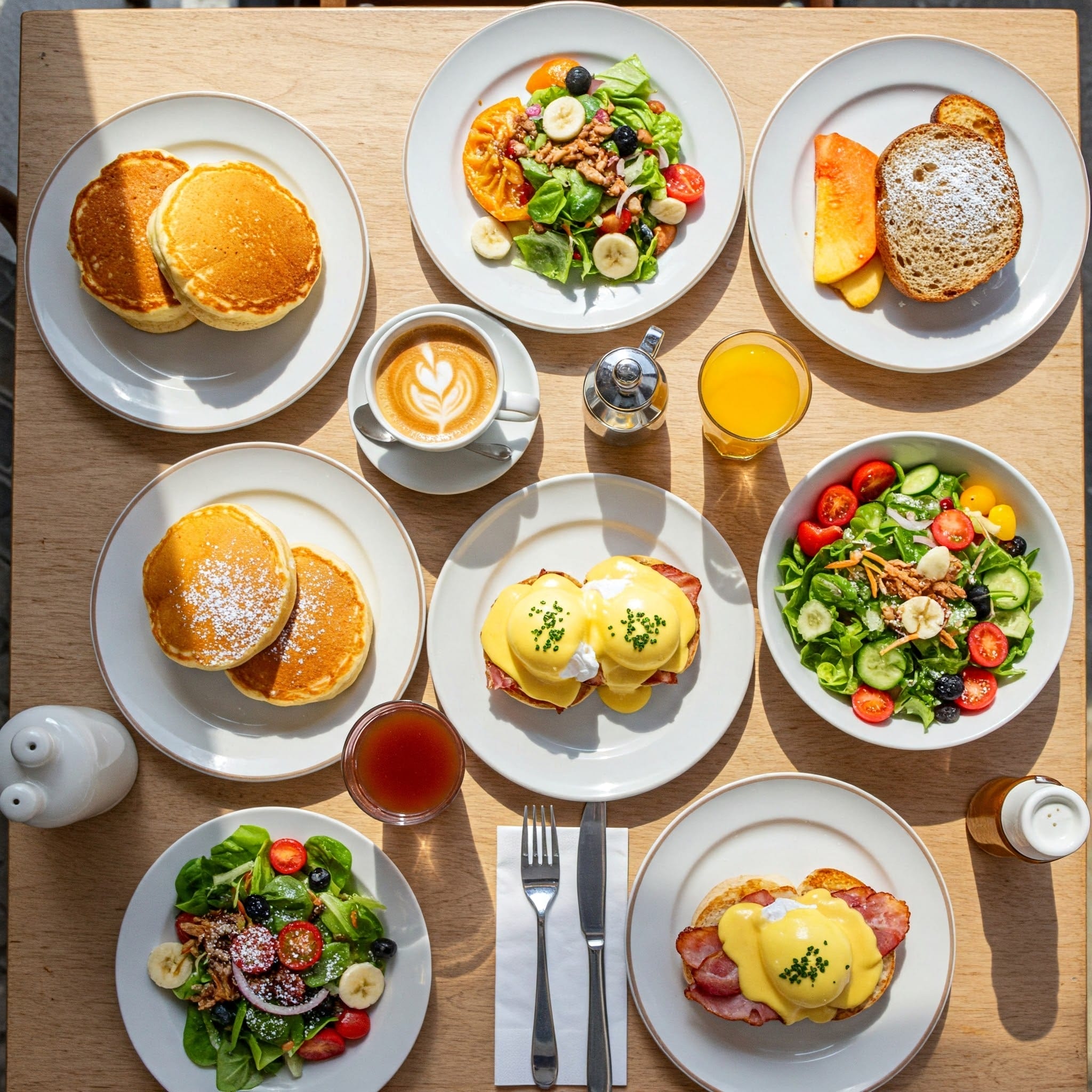 パンケーキ、エッグベネディクト、サラダ、フルーツ、トースト、コーヒー、オレンジジュース、食器がセットされたテーブルを上から見た図。.