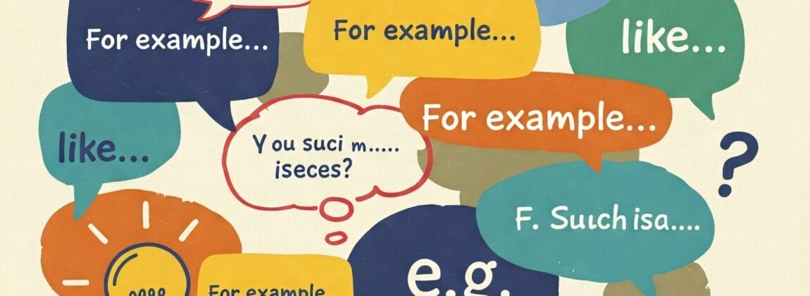 カラフルな吹き出しには、「たとえば」、「例えば」、「のような」などのフレーズや、アイデアや例を表す電球アイコンが表示されます。.