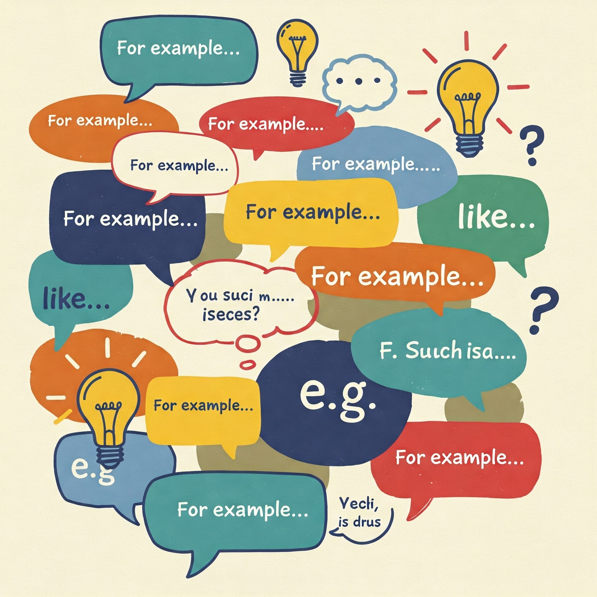 カラフルな吹き出しには、「たとえば」、「例えば」、「のような」などのフレーズや、アイデアや例を表す電球アイコンが表示されます。.