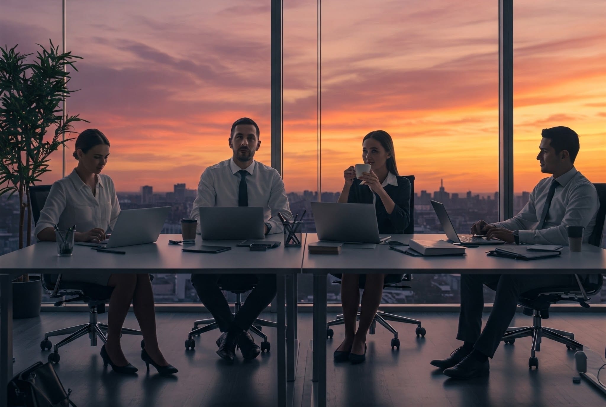 4 人の専門家が会議テーブルに座ってノートパソコンで作業しており、大きな窓からは街の風景と夕日が見えます。.