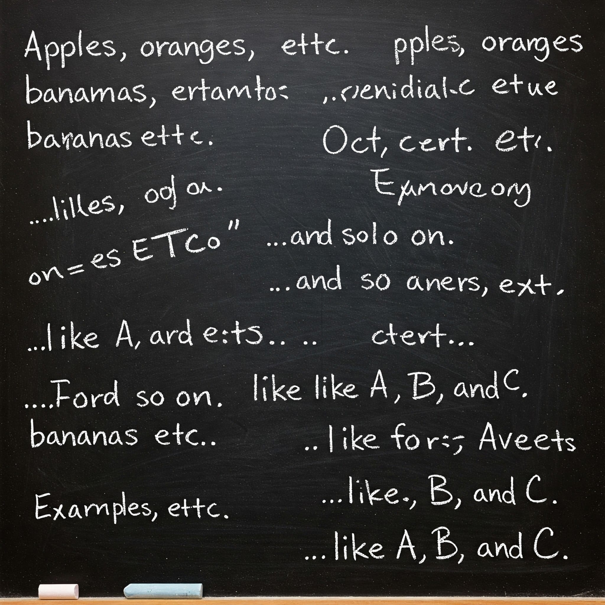 黒板には、果物、文字、フレーズのリストとともに、「など」のさまざまな手書きの例とスペルミスが表示されます。.