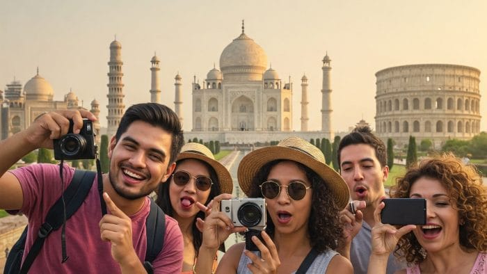 観光地で写真を撮り合う多様な人々