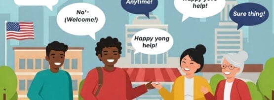 4人の人物が建物の前に立ち、笑顔で会話をしています。吹き出しには、彼らが助けを申し出る、明るく、しかし少しスペルミスのある英語のやり取りが描かれています。.