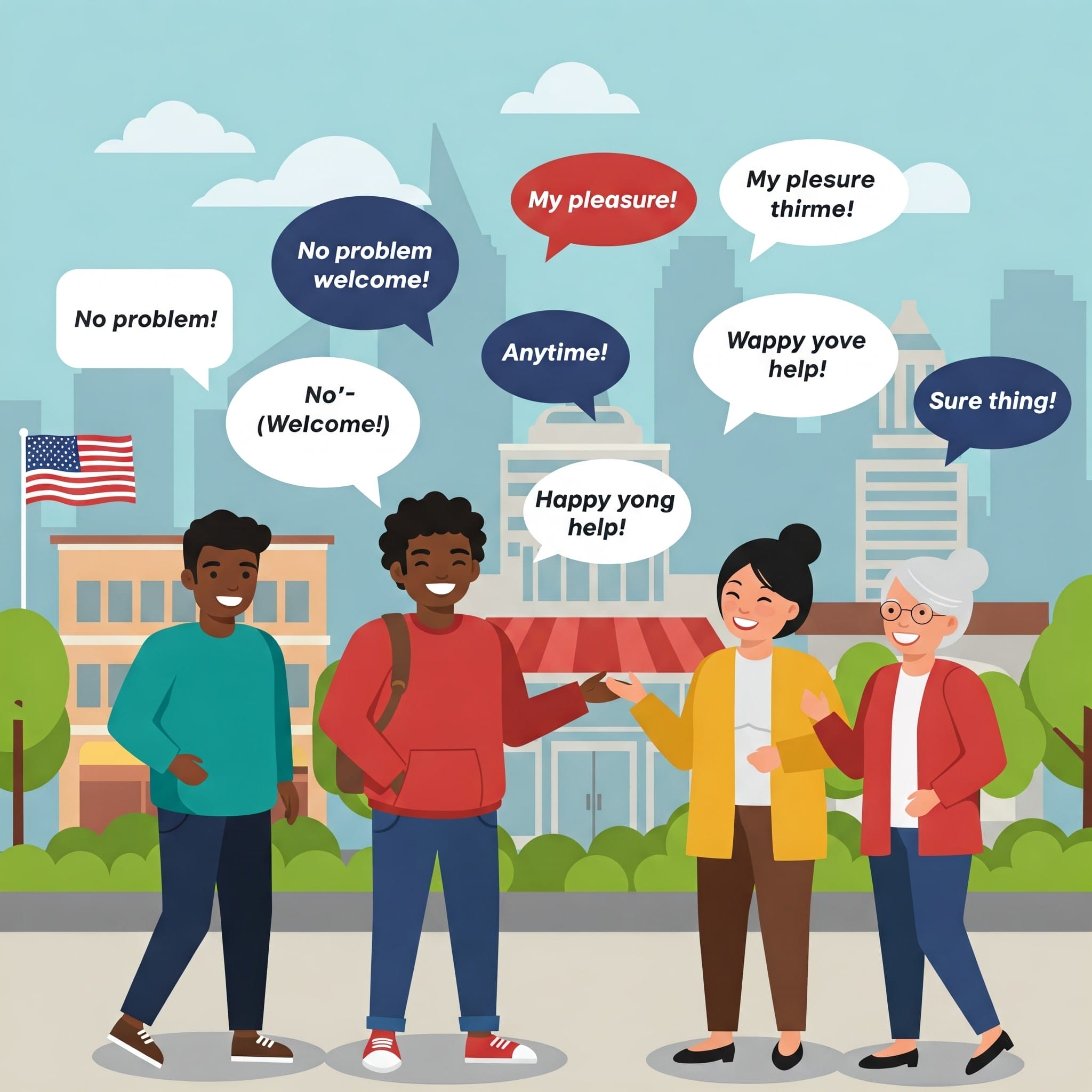 4人の人物が建物の前に立ち、笑顔で会話をしています。吹き出しには、彼らが助けを申し出る、明るく、しかし少しスペルミスのある英語のやり取りが描かれています。.