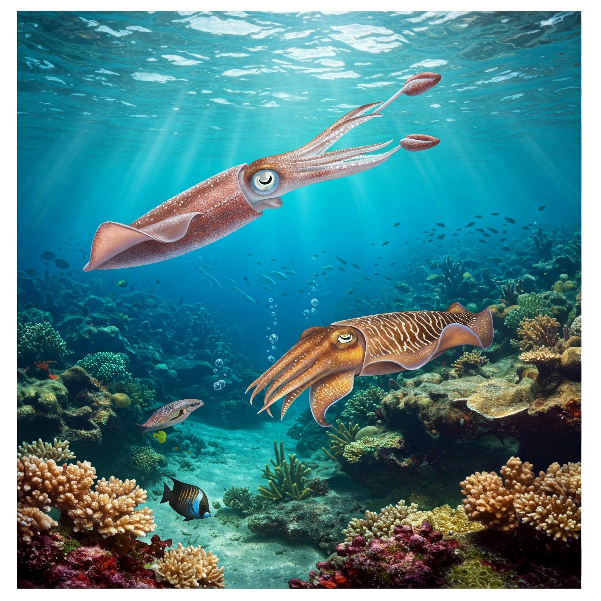 2匹のイカが、透き通った青い海の中、小さな魚に囲まれながら、鮮やかなサンゴ礁の上を泳いでいます。.