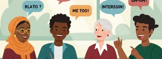 4人がテーブルに座って英語で会話をしています。頭上の吹き出しには様々な単語やフレーズが表示されています。1人はスカーフを巻いており、テーブルの上には飲み物が置いてあります。.