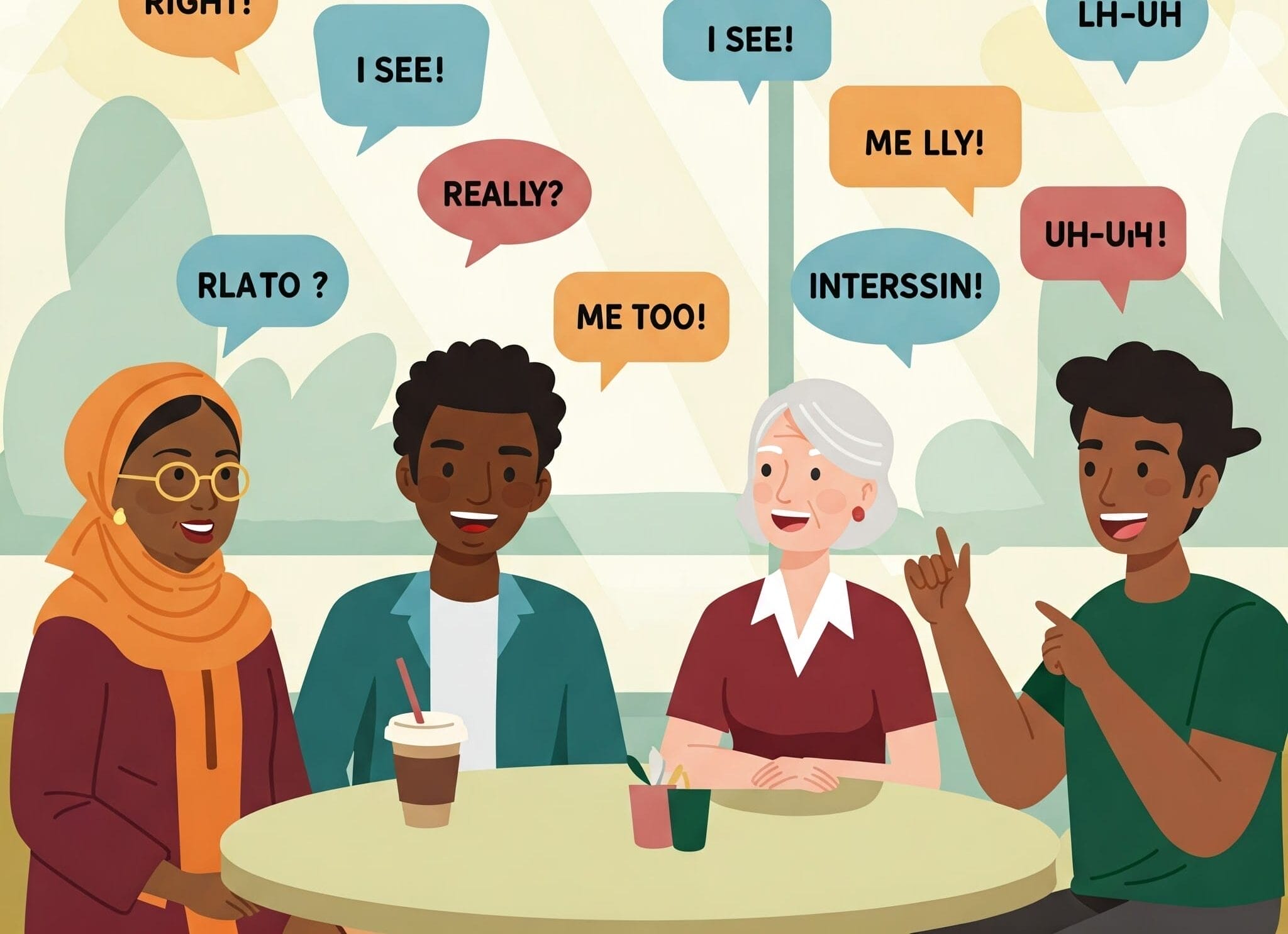 4人がテーブルに座って英語で会話をしています。頭上の吹き出しには様々な単語やフレーズが表示されています。1人はスカーフを巻いており、テーブルの上には飲み物が置いてあります。.