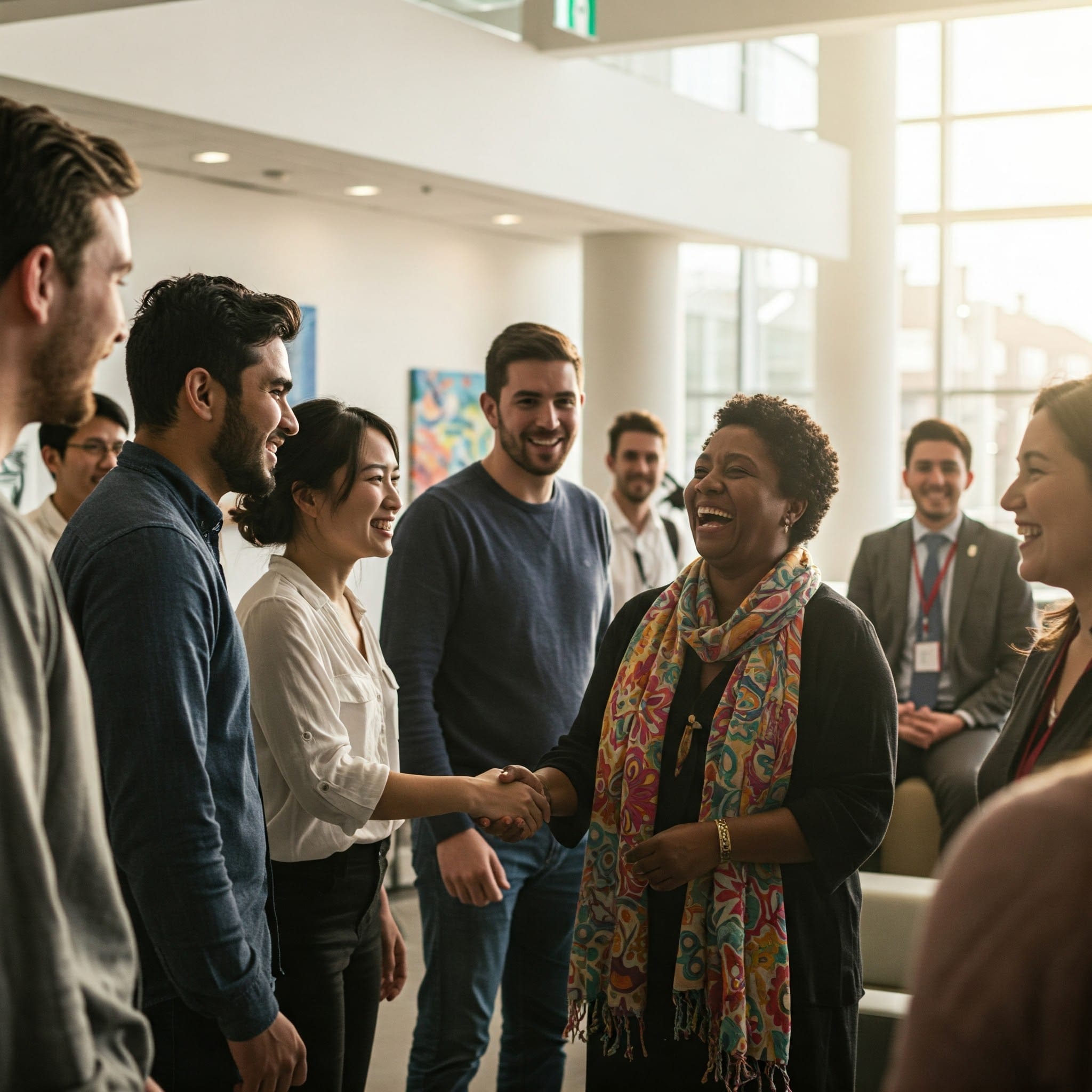 プロフェッショナルのグループが明るいオフィスに立ち、カジュアルなネットワーキングイベントまたは会議中に笑顔で握手しています。.