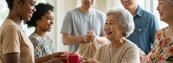 明るい部屋の中に人々のグループが立っており、若い女性が年配の女性に小さな贈り物を渡しています。彼らの前のテーブルには食料品が見え、彼らは一緒に英語の練習をしているようです。.