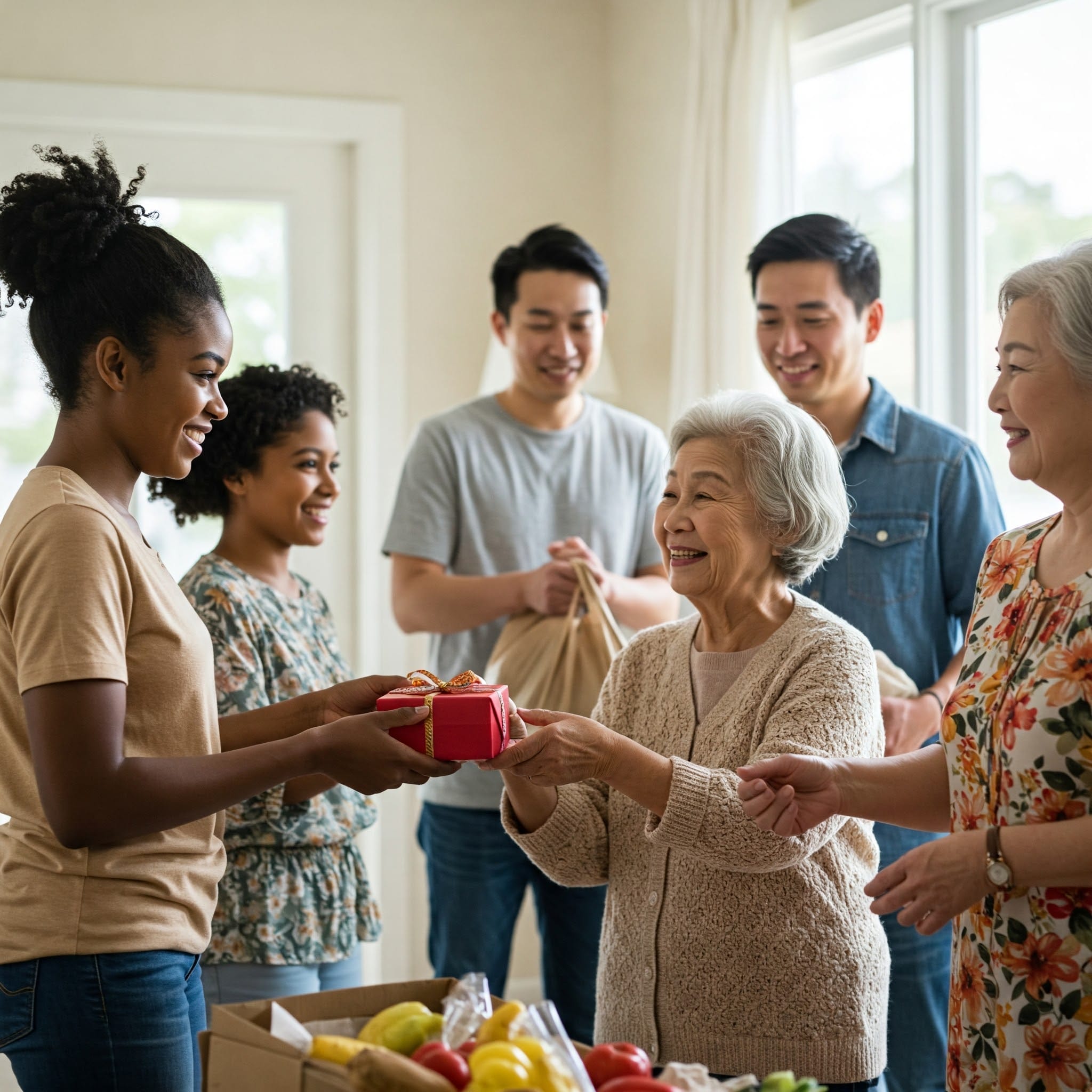 明るい部屋の中に人々のグループが立っており、若い女性が年配の女性に小さな贈り物を渡しています。彼らの前のテーブルには食料品が見え、彼らは一緒に英語の練習をしているようです。.
