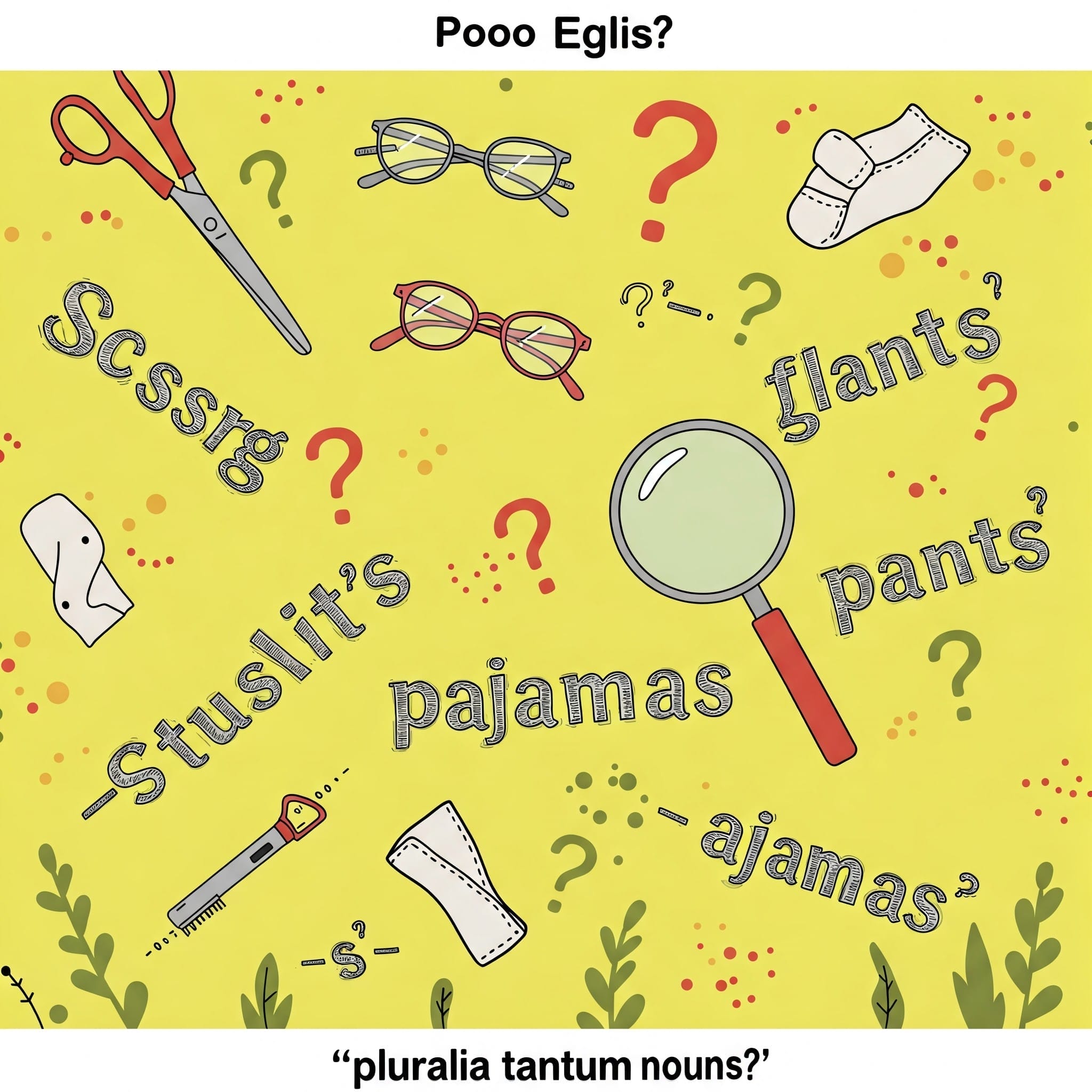 はさみ、メガネ、ズボンなどのオブジェクトのイラストが、英語でその名前で囲まれており、すべて引用符と疑問符が追加されており、「複数形名詞」を参照しています。.