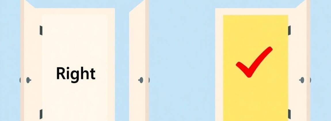青い背景に 2 つの開いたドアがあります。左のドアには英語で「Right」と書かれており、黄色の右のドアには大きな赤いチェックマークが付いています。.