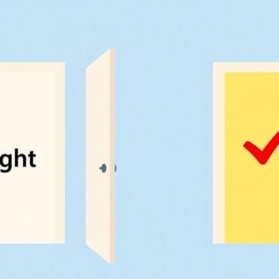 青い背景に 2 つの開いたドアがあります。左のドアには英語で「Right」と書かれており、黄色の右のドアには大きな赤いチェックマークが付いています。.