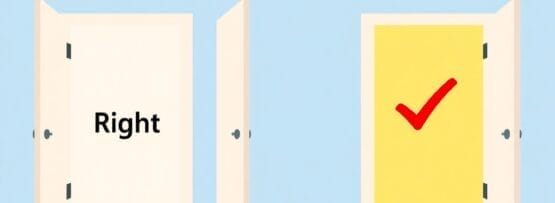 青い背景に 2 つの開いたドアがあります。左のドアには英語で「Right」と書かれており、黄色の右のドアには大きな赤いチェックマークが付いています。.