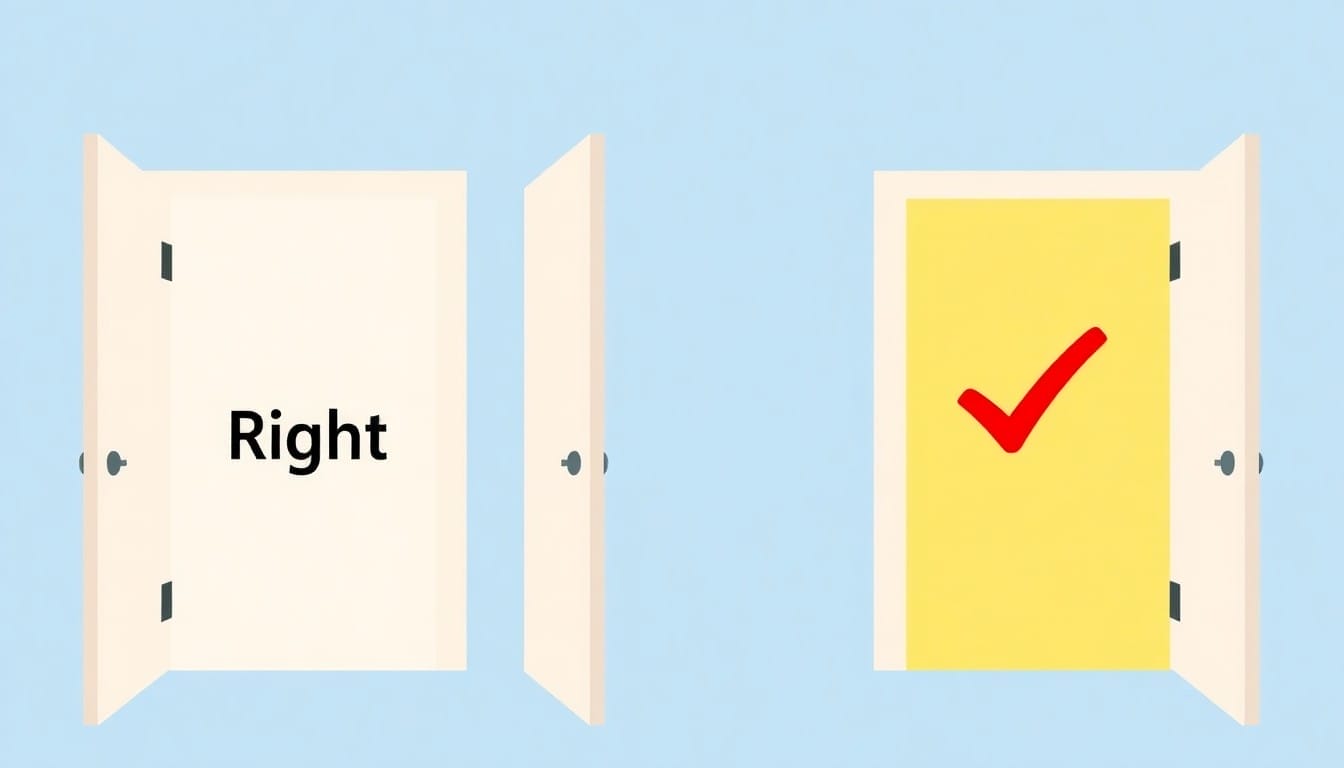 青い背景に 2 つの開いたドアがあります。左のドアには英語で「Right」と書かれており、黄色の右のドアには大きな赤いチェックマークが付いています。.