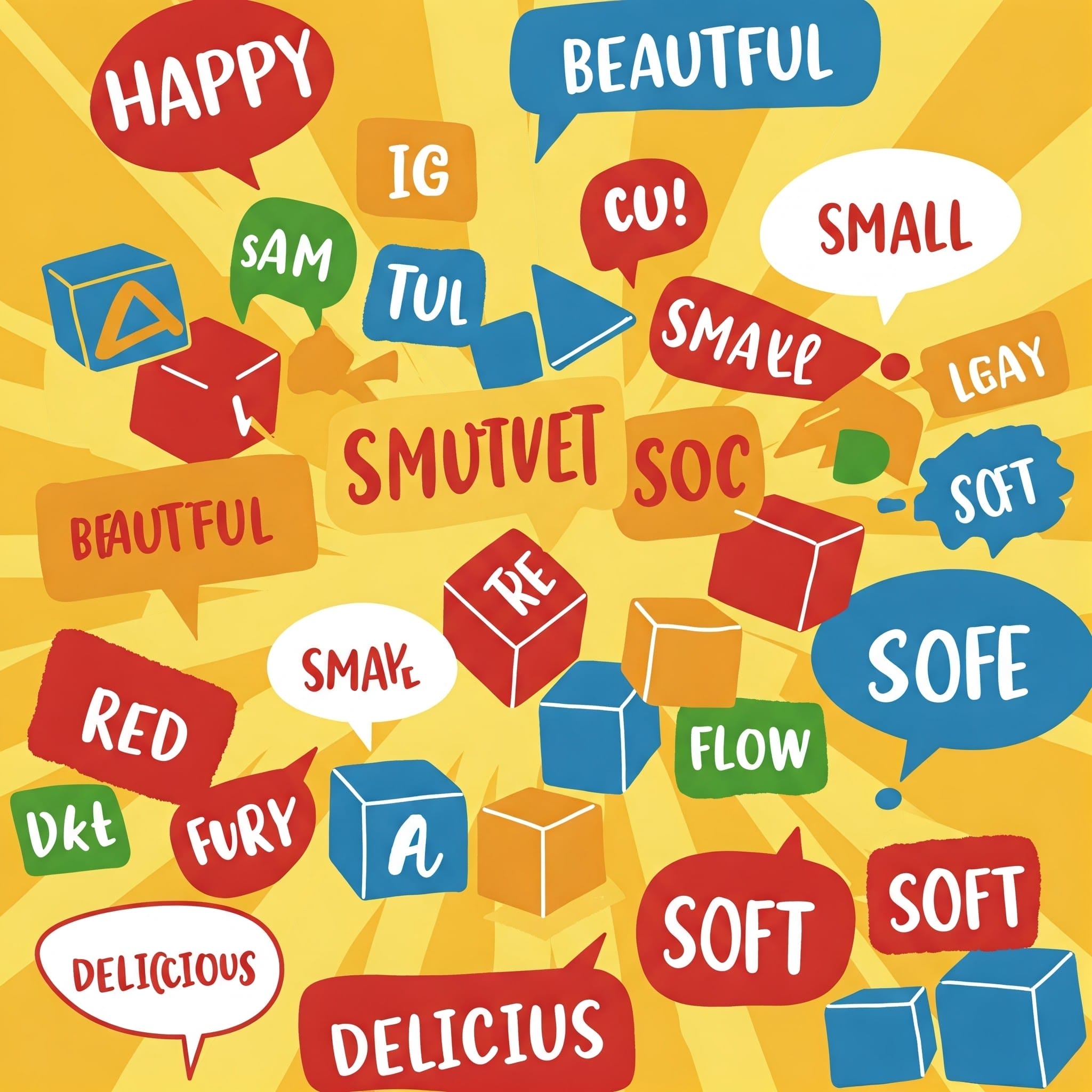 オレンジ色の爆発が広がる黄色の背景に、「HAPPY」「BEAUTIFUL」「SOFT」「DELICIOUS」などの言葉が書かれたカラフルな吹き出しと図形。.