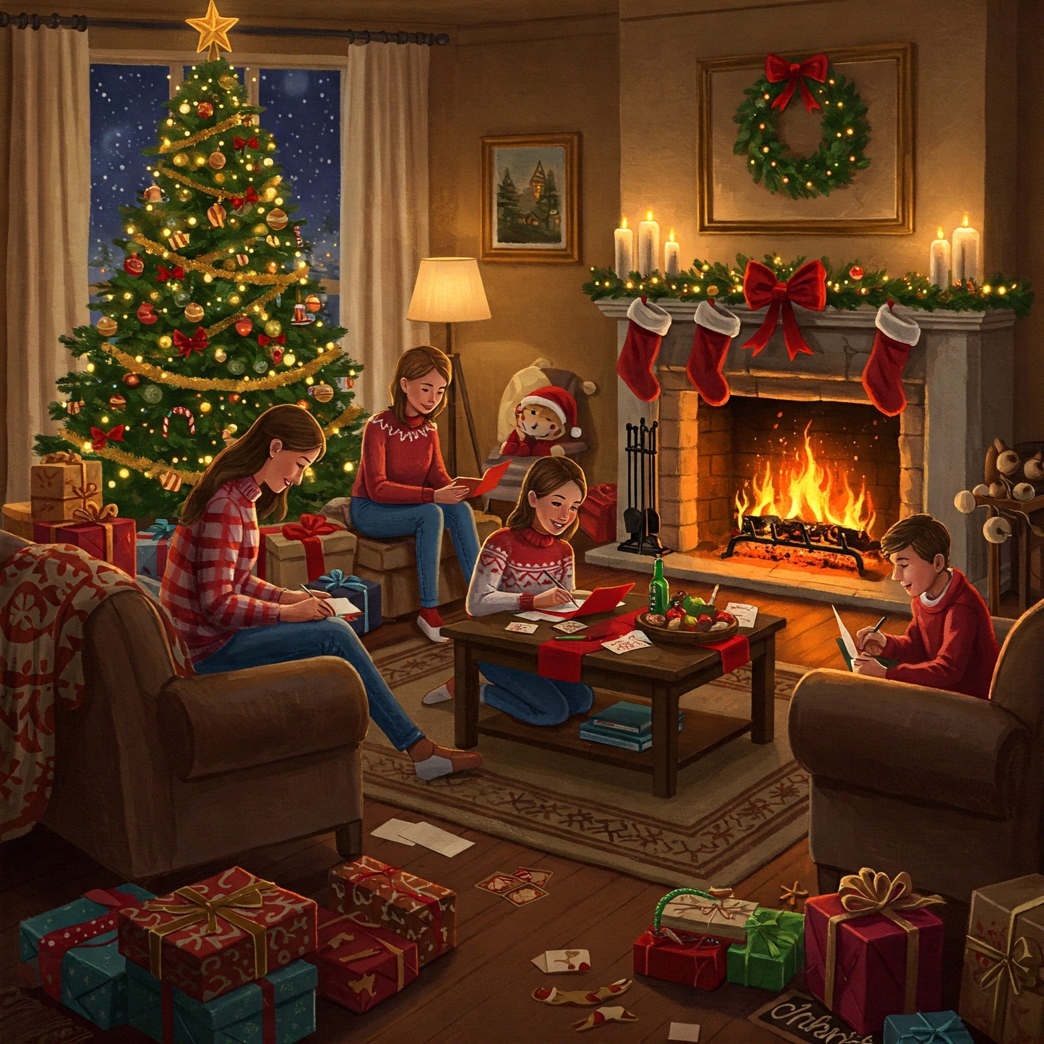 家族が居心地の良いリビングルームでクリスマスカードを書いています。飾り付けされたクリスマスツリー、暖炉の灯り、靴下、そしてプレゼント。マントルピースの上でキャンドルが灯り、外には雪が見えます。.