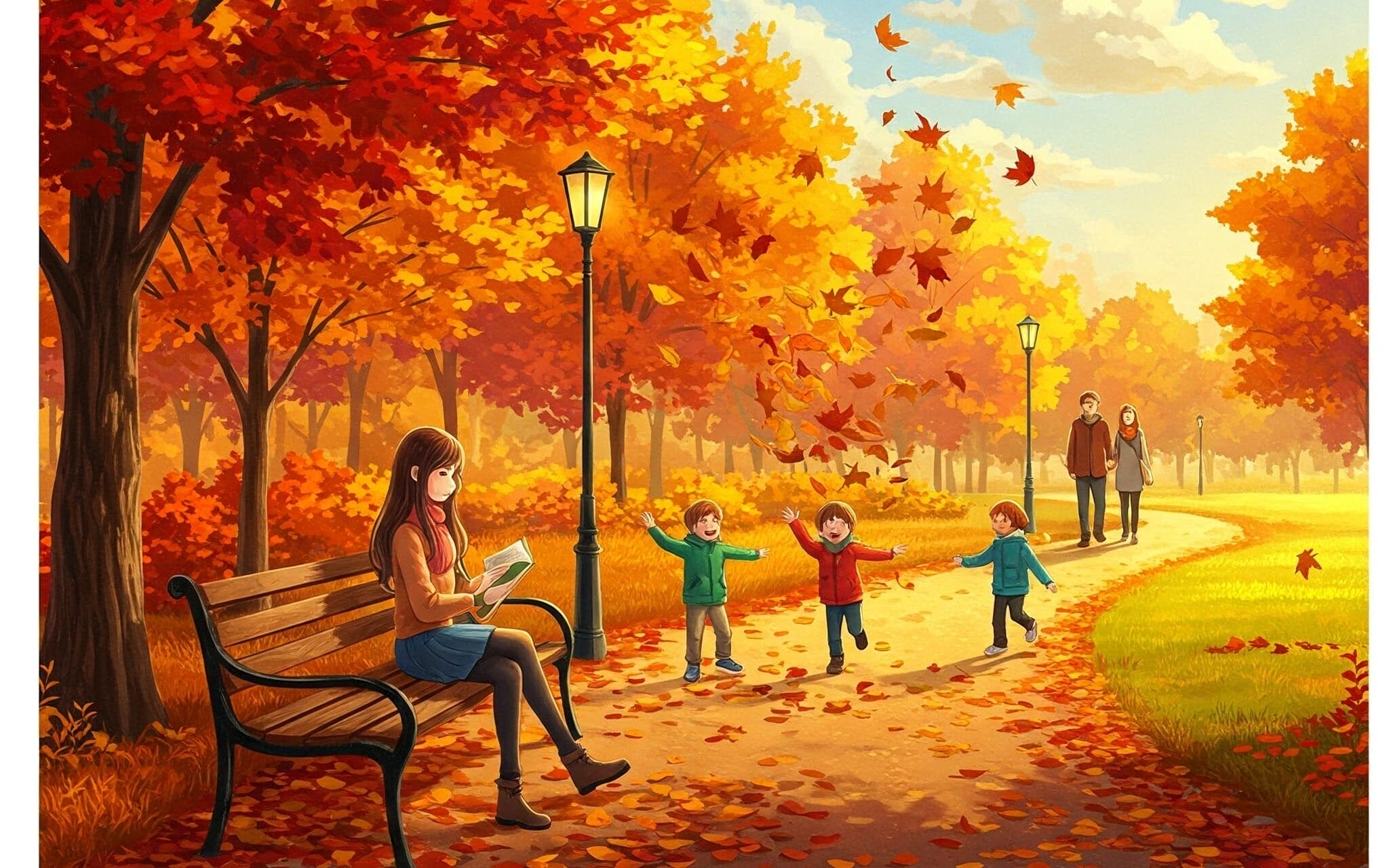 公園のベンチに座り、読書をする人。子供たちは小道に落ちた落ち葉で遊んでいる。薄曇りの空の下、木々は鮮やかなオレンジと赤の紅葉を彩っている。.