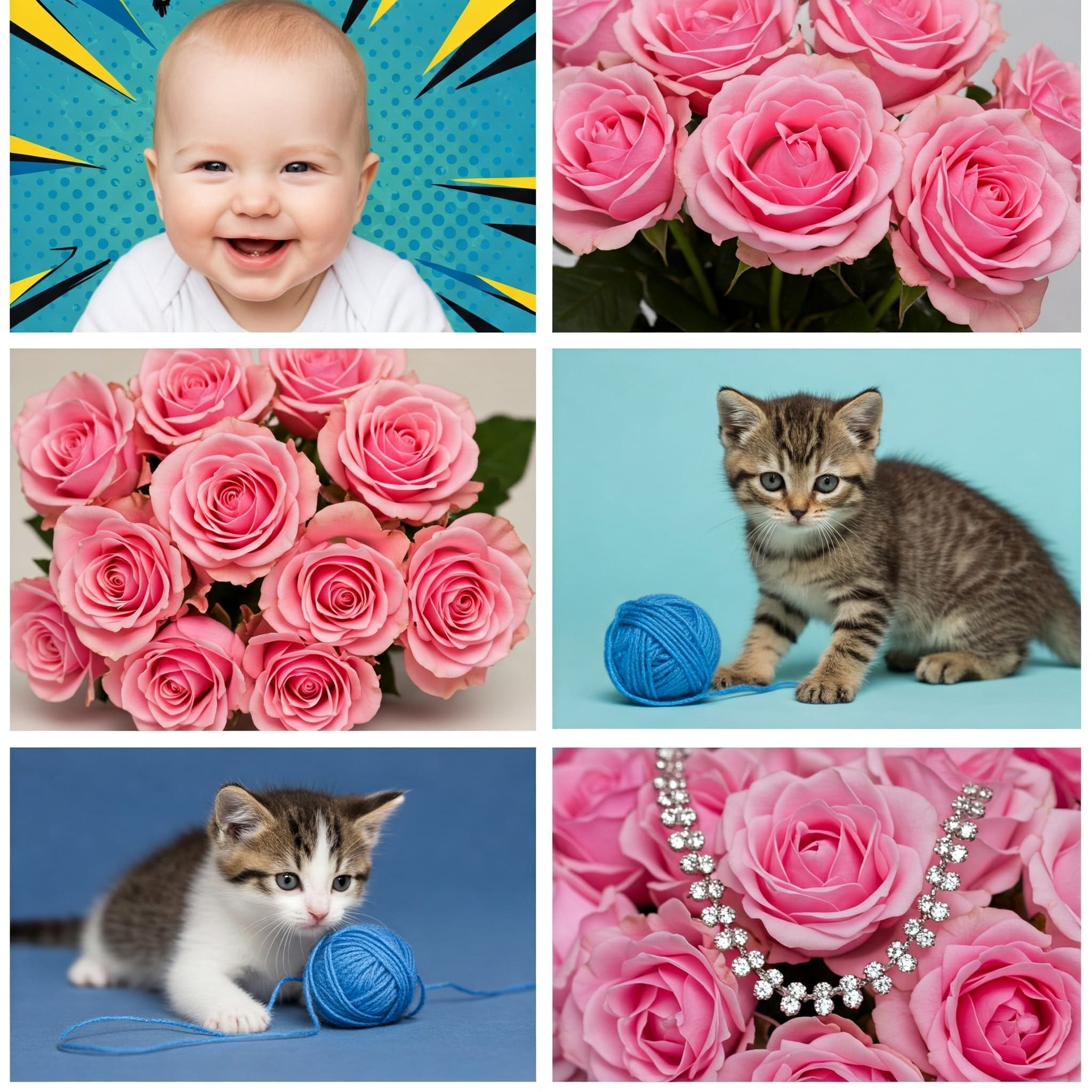 笑顔の赤ちゃん、ピンクのバラ、青い毛糸の付いた 2 匹の子猫、ダイヤモンドのネックレスをつけたバラのコラージュ。.