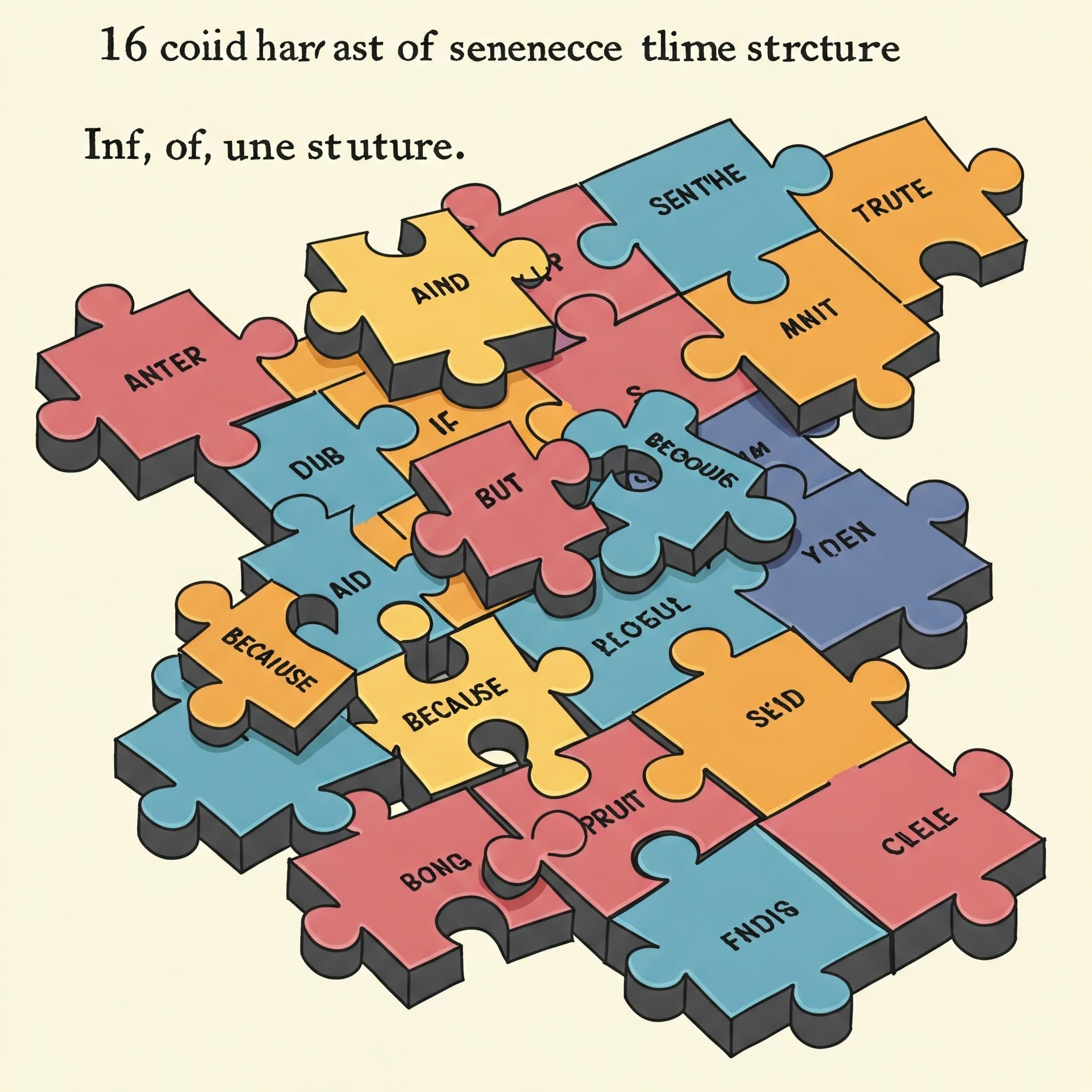 スペルミスのある単語がピースに含まれたジグソーパズル。文章の構造と連結性を表現しています。.