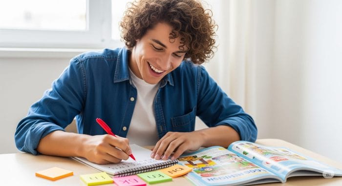 机で楽しそうに英語の基礎を学ぶ人物のイラスト