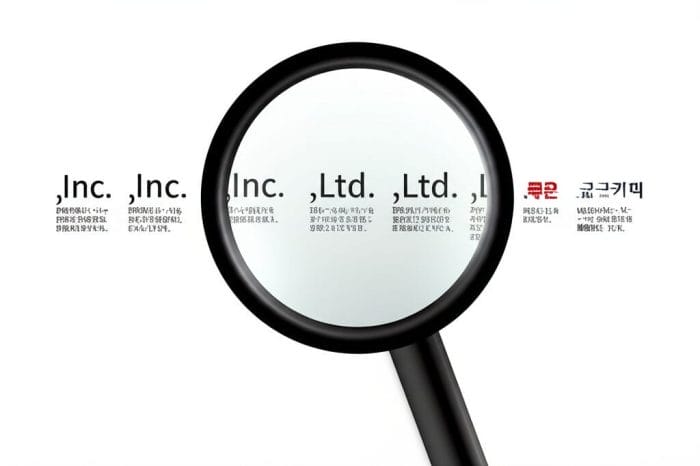 ビジネス書類上の様々な会社の英語接尾辞を虫眼鏡で拡大しているイラスト