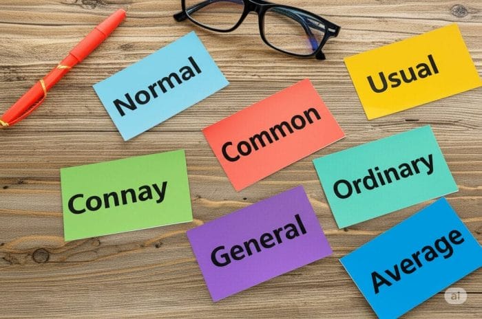 Normal, Usual, Common, Ordinary, General, Averageと書かれた6枚のフラッシュカードがテーブルに並んでいる
