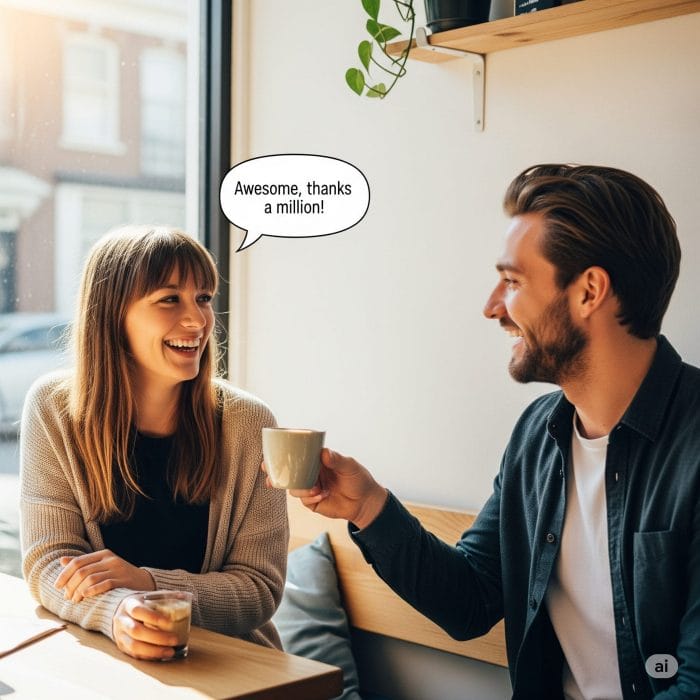 カフェで友人にコーヒーを手渡しながら「Thanks a million!」と感謝を伝えているイラスト