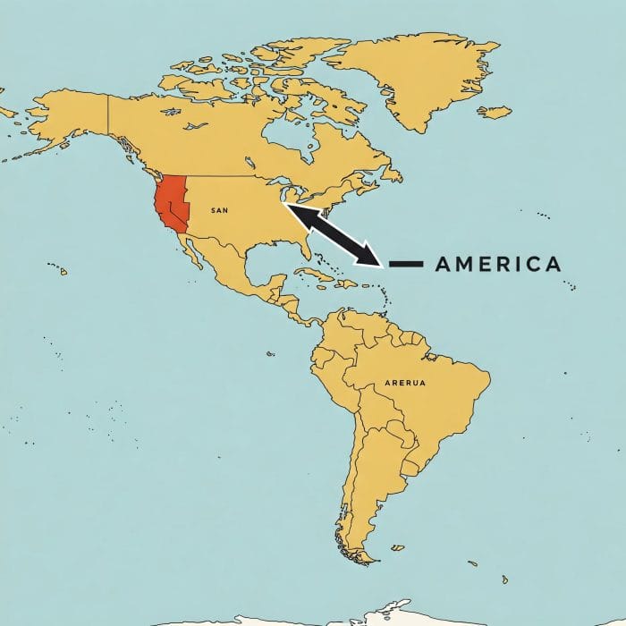 アメリカ大陸全体を示す地図とアメリカ合衆国をハイライトしたイラスト
