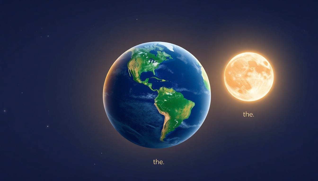 宇宙における地球と月のデジタルイラスト。それぞれに「the」という単語のラベルが付いています。地球が左側、月が右側にあります。.