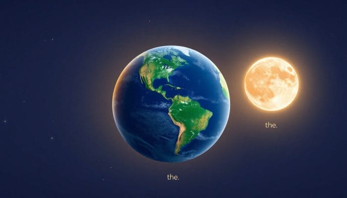 宇宙に浮かぶ地球(the Earth)、太陽(the sun)、月(the moon)のイラスト
