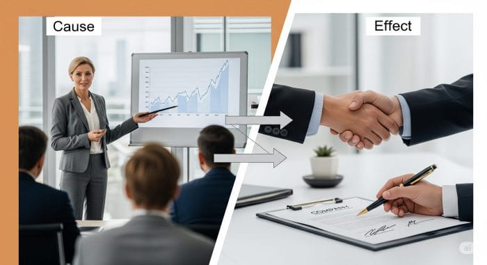 ビジネスパーソンが会議でグラフを指し示しながら説得力のある説明をしているフォーマルなシーン