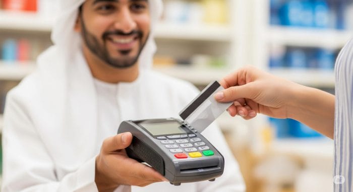 POS端末にクレジットカードを挿入している手元のクローズアップ。店員と客のフレンドリーなやり取りが背景に示唆されている。