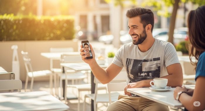 カフェのテラスで楽しそうにスマートフォンでビデオ通話する男性