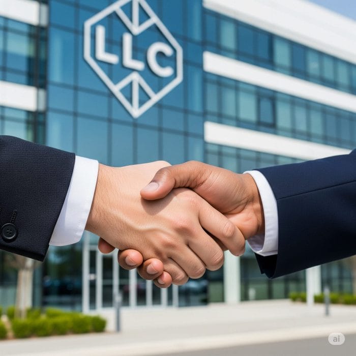 現代的なオフィスビルの前で握手をする二つの手、ビルにはLLCの文字が見える