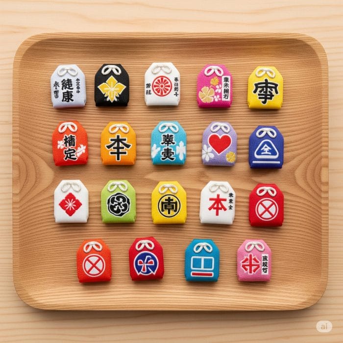 様々な種類のご利益が書かれたカラフルなお守りのコレクション