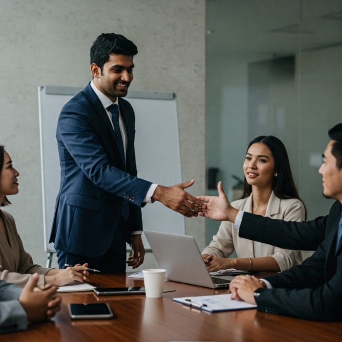 ビジネスミーティングで自己紹介する人