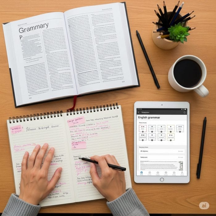 独学者の机の上（文法書、ノート、タブレット）