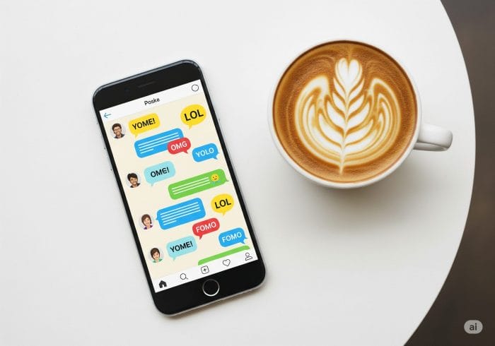 カフェのテーブルに置かれたスマートフォン。画面にはSNSのチャットが表示され、LOLやOMGといったスラングが見える。