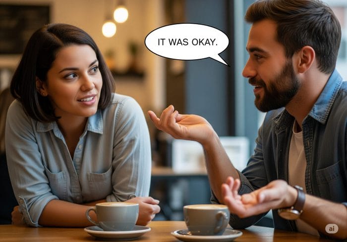 カフェで友人と会話している二人の人物のイラスト