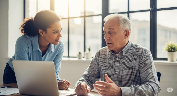 オフィスで心配そうに同僚の話を聞くもう一人の同僚。共感的な表情とボディランゲージ。