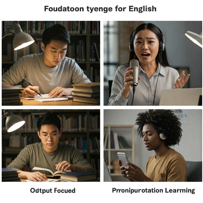 3つの異なる学習スタイル(基礎知識型、アウトプット型、発音重視型)のモンタージュ