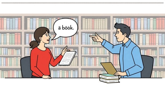 図書館で特定の机の上の本(the book)を指しているイラスト