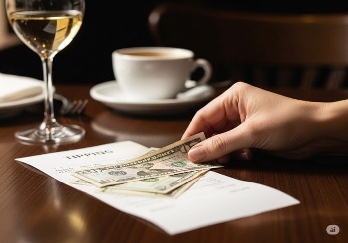 レストランのテーブルの上にある伝票の隣に、チップとして数枚の米ドル紙幣が丁寧に置かれている様子