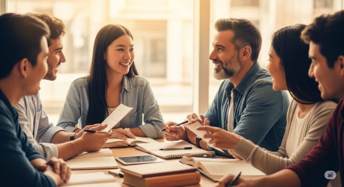 カフェで一緒に英語を勉強する学習仲間たちのイラスト