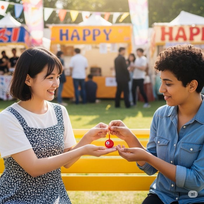 日本人女性が外国人友人に笑顔でお守りをプレゼントしているシーン