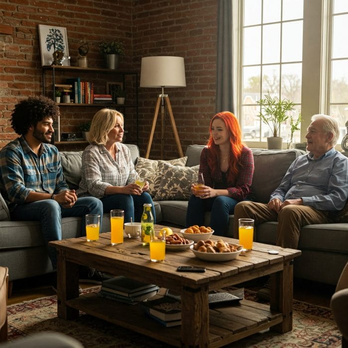 リビングで談笑するグループ