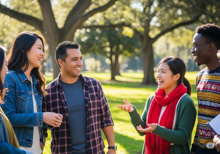 公園で楽しそうに会話する多国籍な友人グループ。自然なコミュニケーションの中でスラングを学んでいる様子。