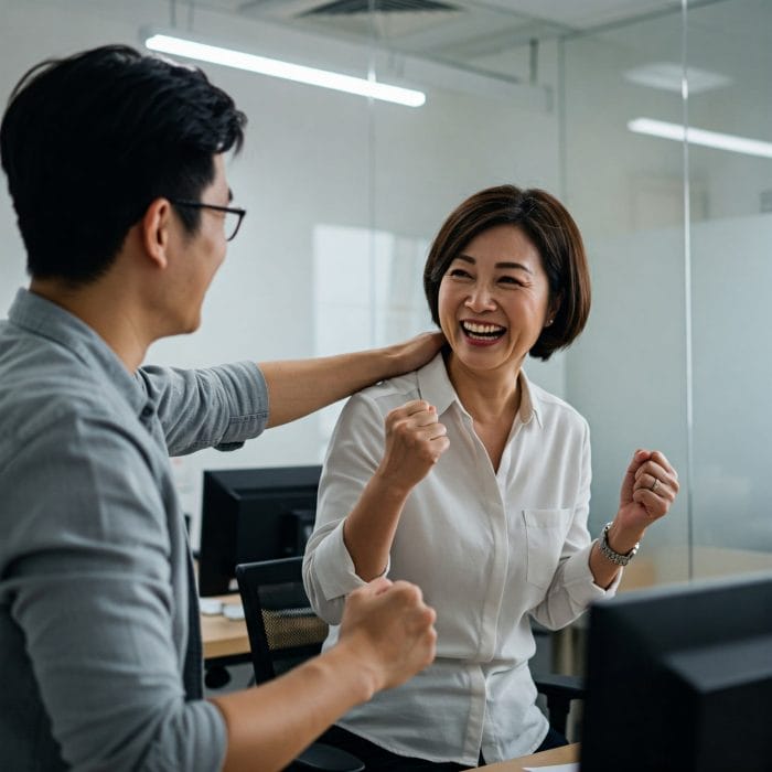 プロジェクトの成功を祝して、オフィスで同僚とハイタッチするビジネスパーソン。達成感に満ちた笑顔。